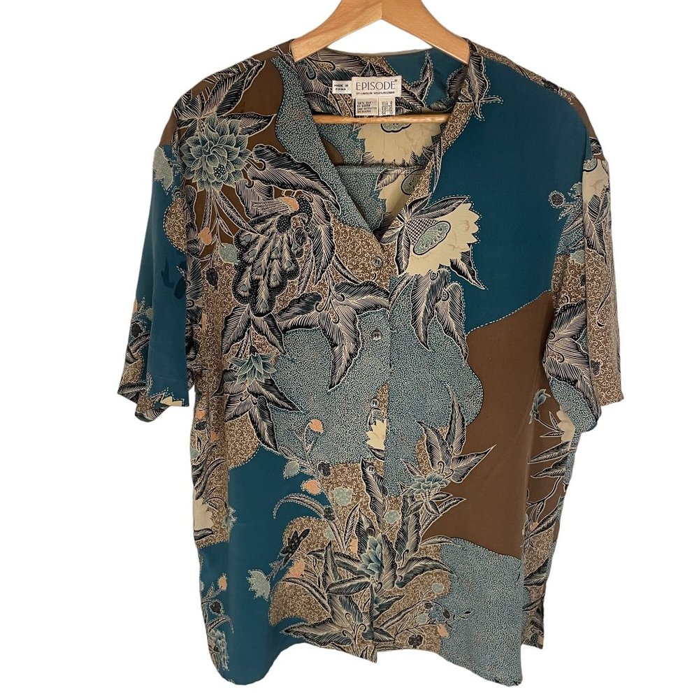 Vintage Episode Carolyn Wight Freeman Silk Floral Short Sleeve Top Women 8 Blue